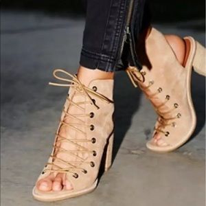 Jeffrey Campbell Tan Suede Lace-Up Peep-Toe Block Heel Sandals